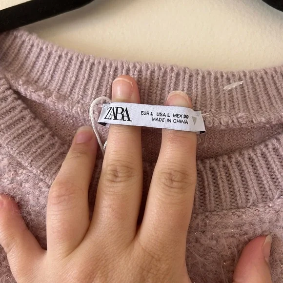 Zara Lilac Fuzzy Metallic Shimmer Cropped Sweater Jumper bell Sleeve Large - Picture 4 of 9